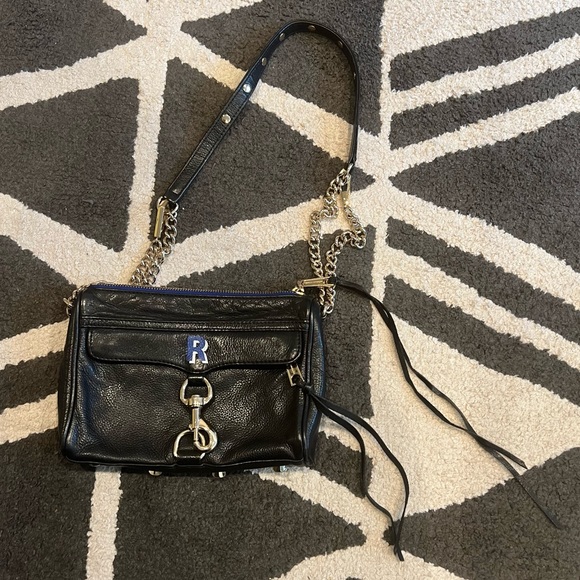 Rebecca Minkoff Monogram Mini Mac Black Leather blue polkadot lined bag - Picture 2 of 8